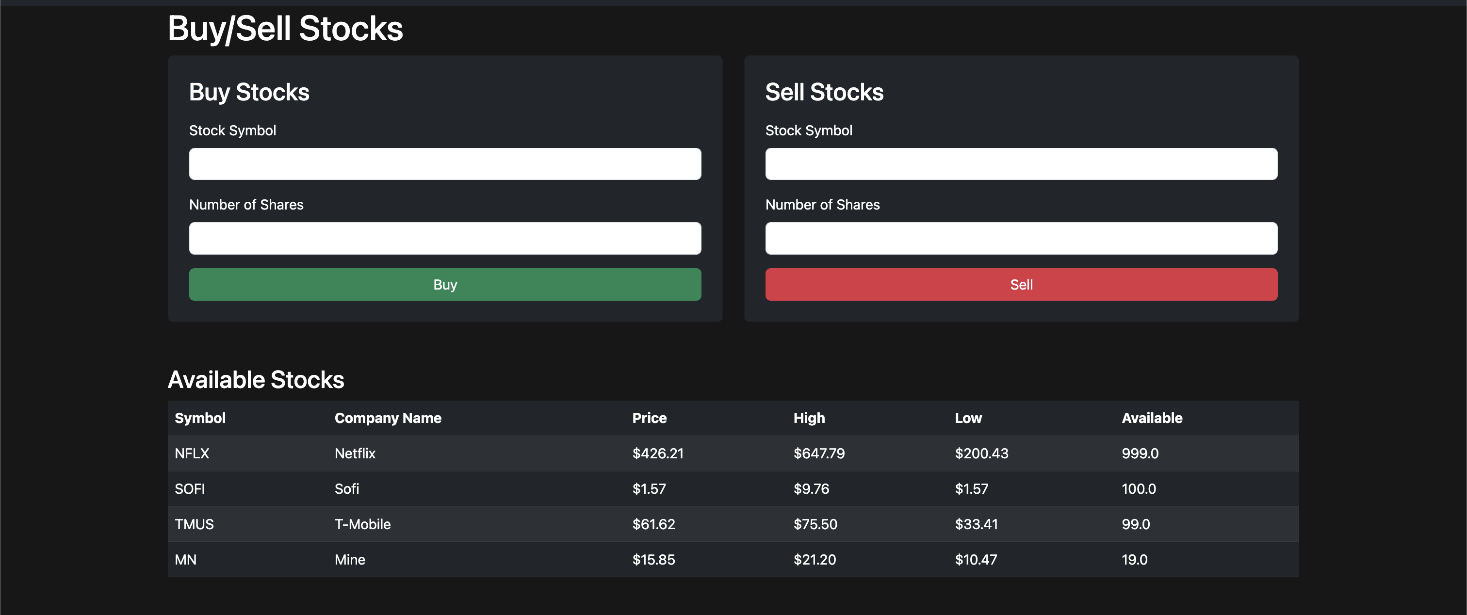 Buy and Sell Stocks Interface