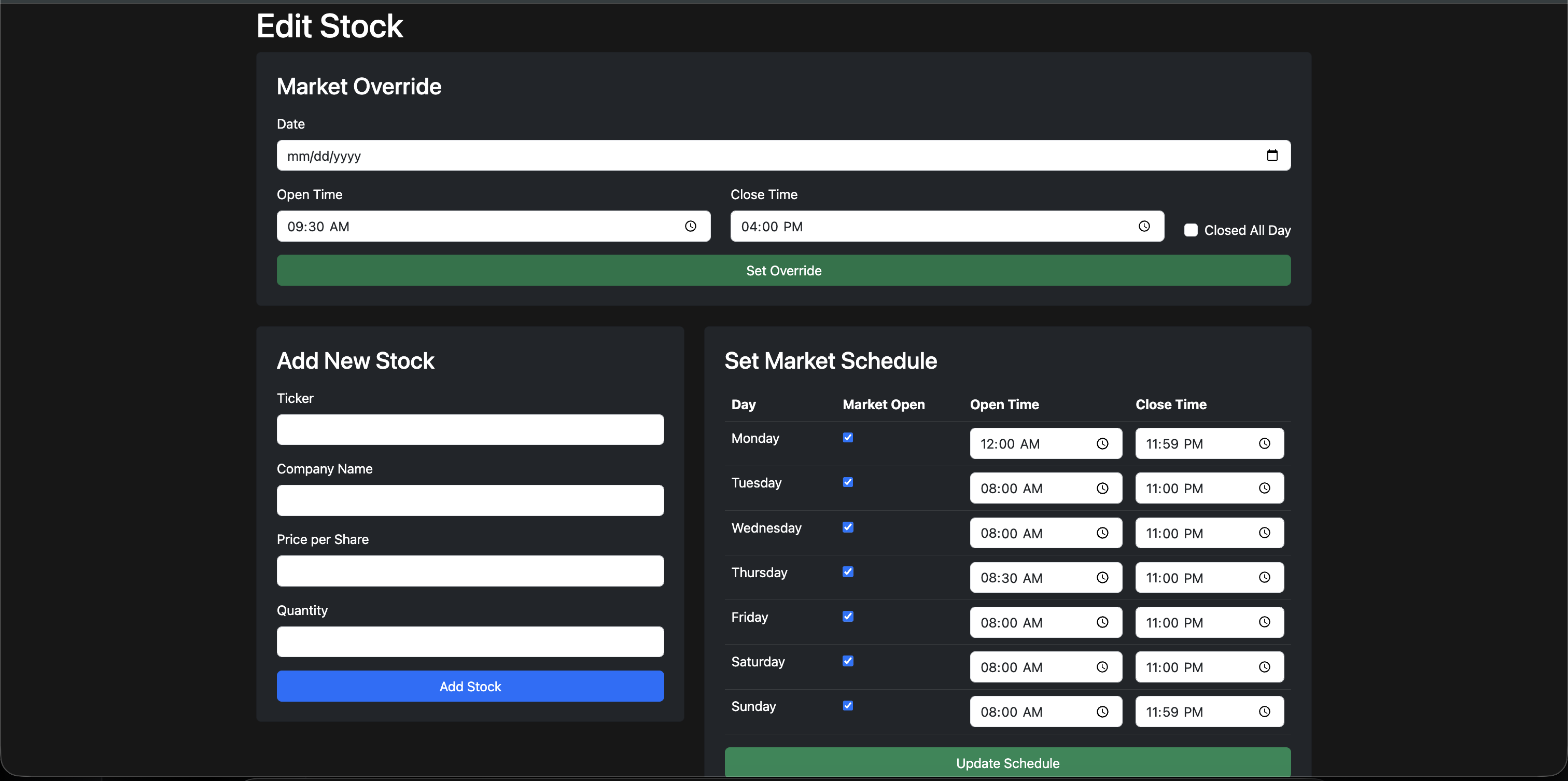 Admin Market Schedule and Edit Stock